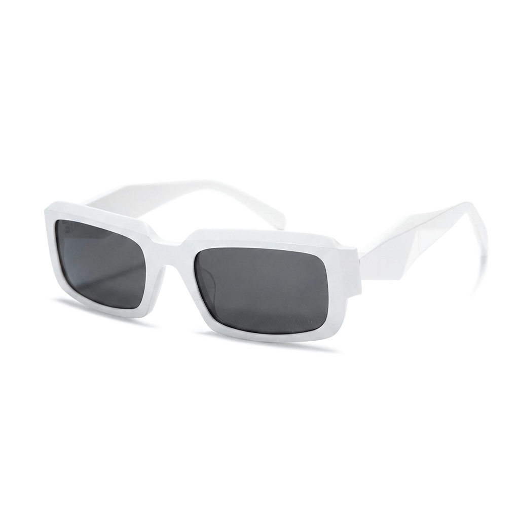 Sunglasses with dark lenses and blue frame on a white background