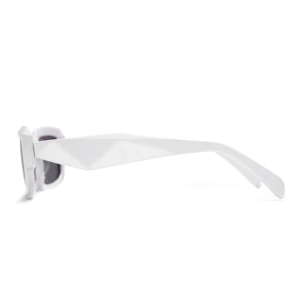 White geometric sunglasses shown from a side profile view against a clean white background.