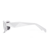 White geometric sunglasses shown from a side profile view against a clean white background.