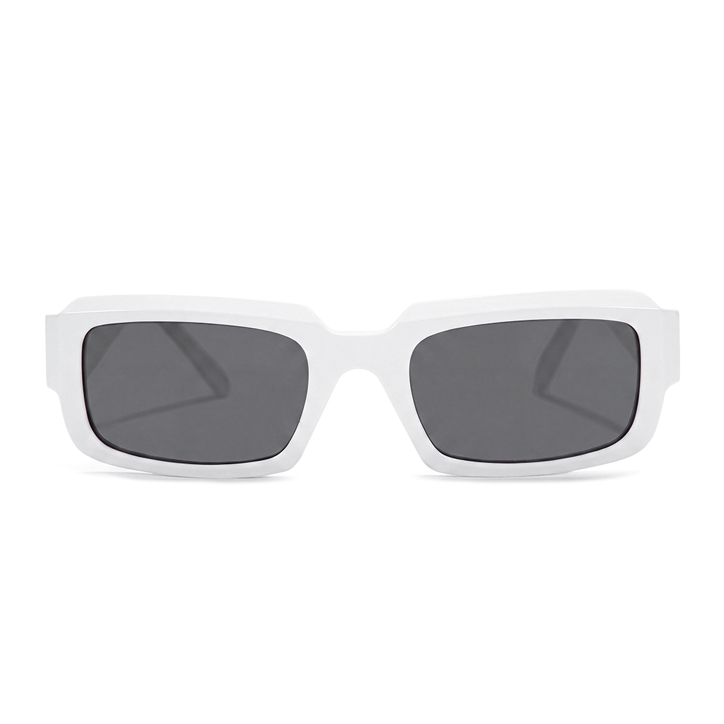 White square sunglasses with dark gray lenses, shown from the front on a solid white background.