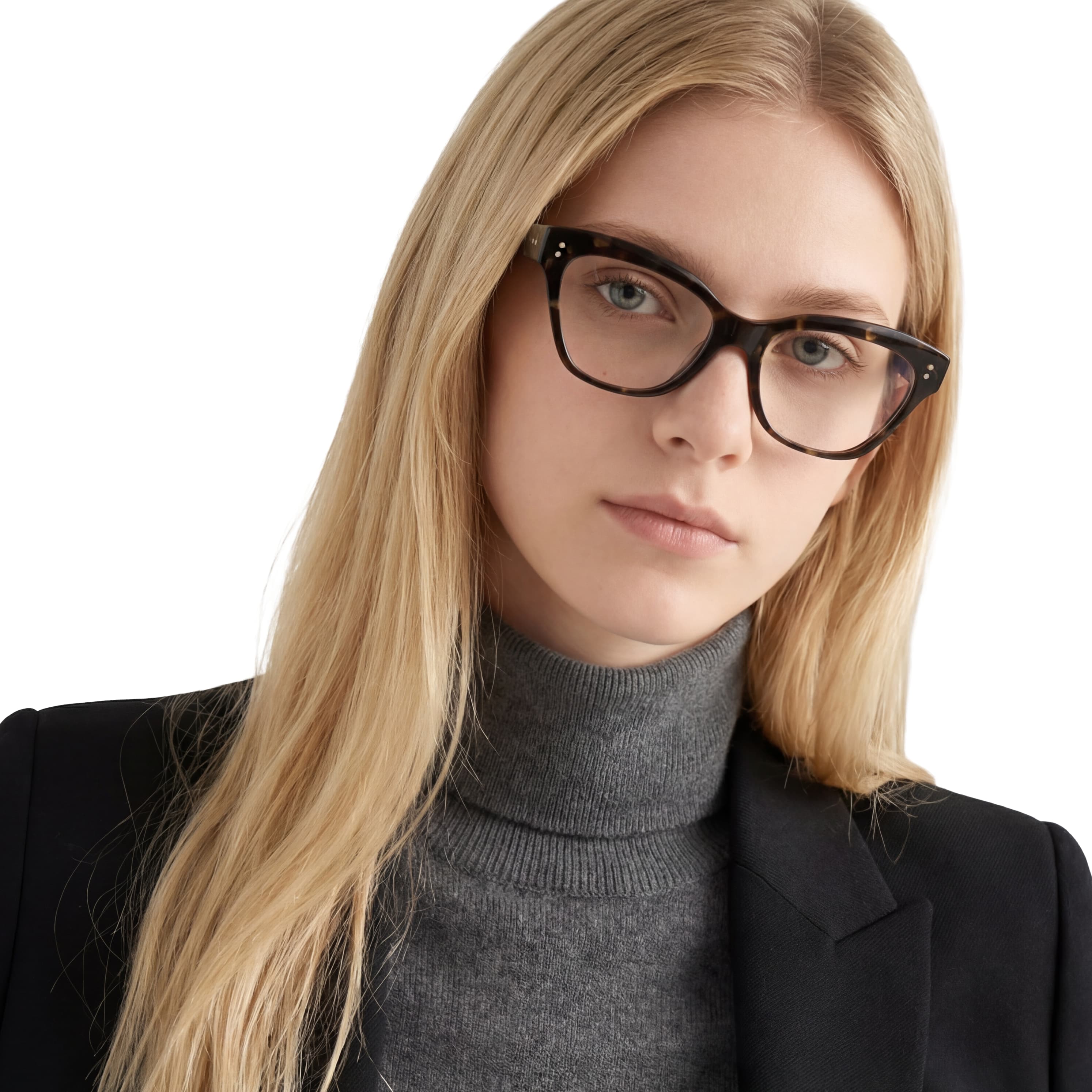 Woman wearing glasses and a gray turtleneck with a black jacket on a white background