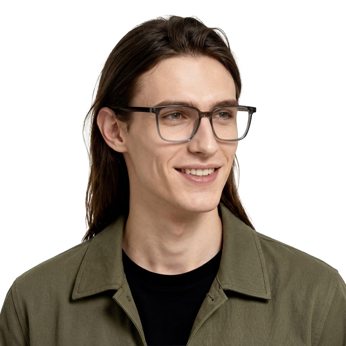 Man wearing glasses and a green jacket on a white background
