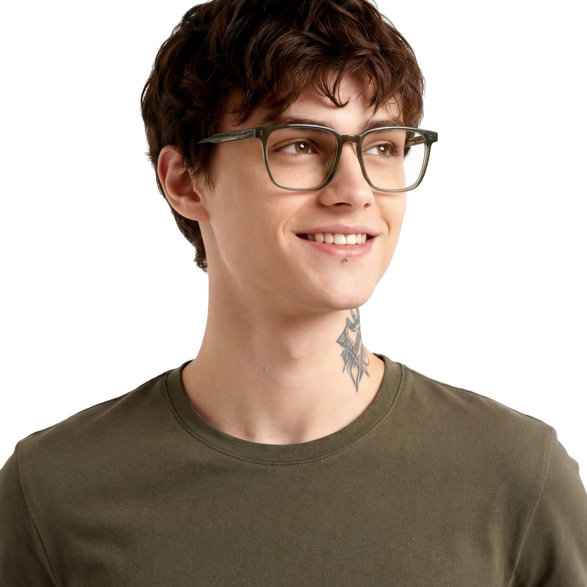 Person wearing glasses and a green shirt on a white background