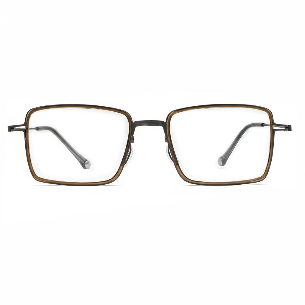 Pair of rectangular eyeglasses with a gold frame on a white background