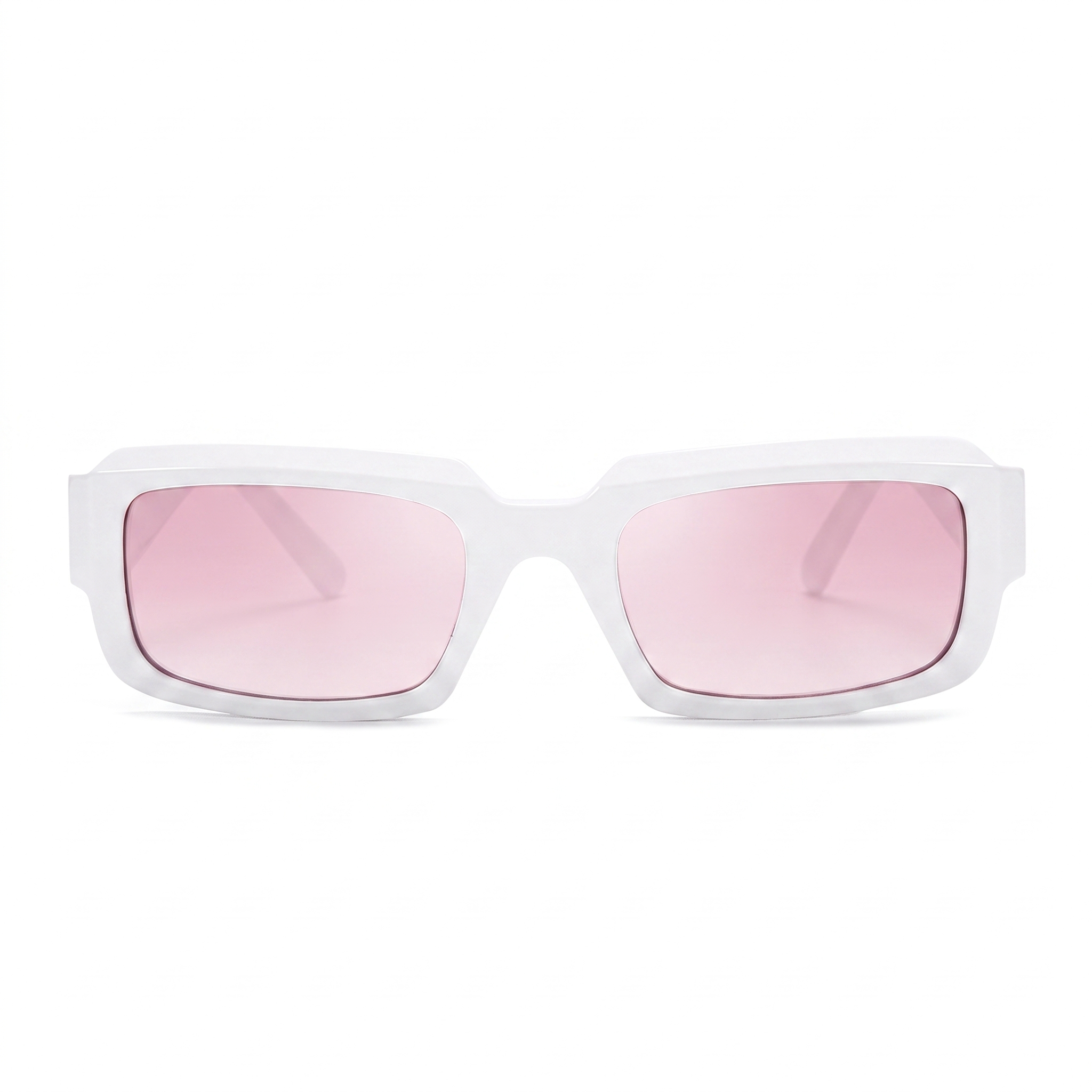 White square sunglasses with pink mirrored lenses, shown from the front on a clean white background.