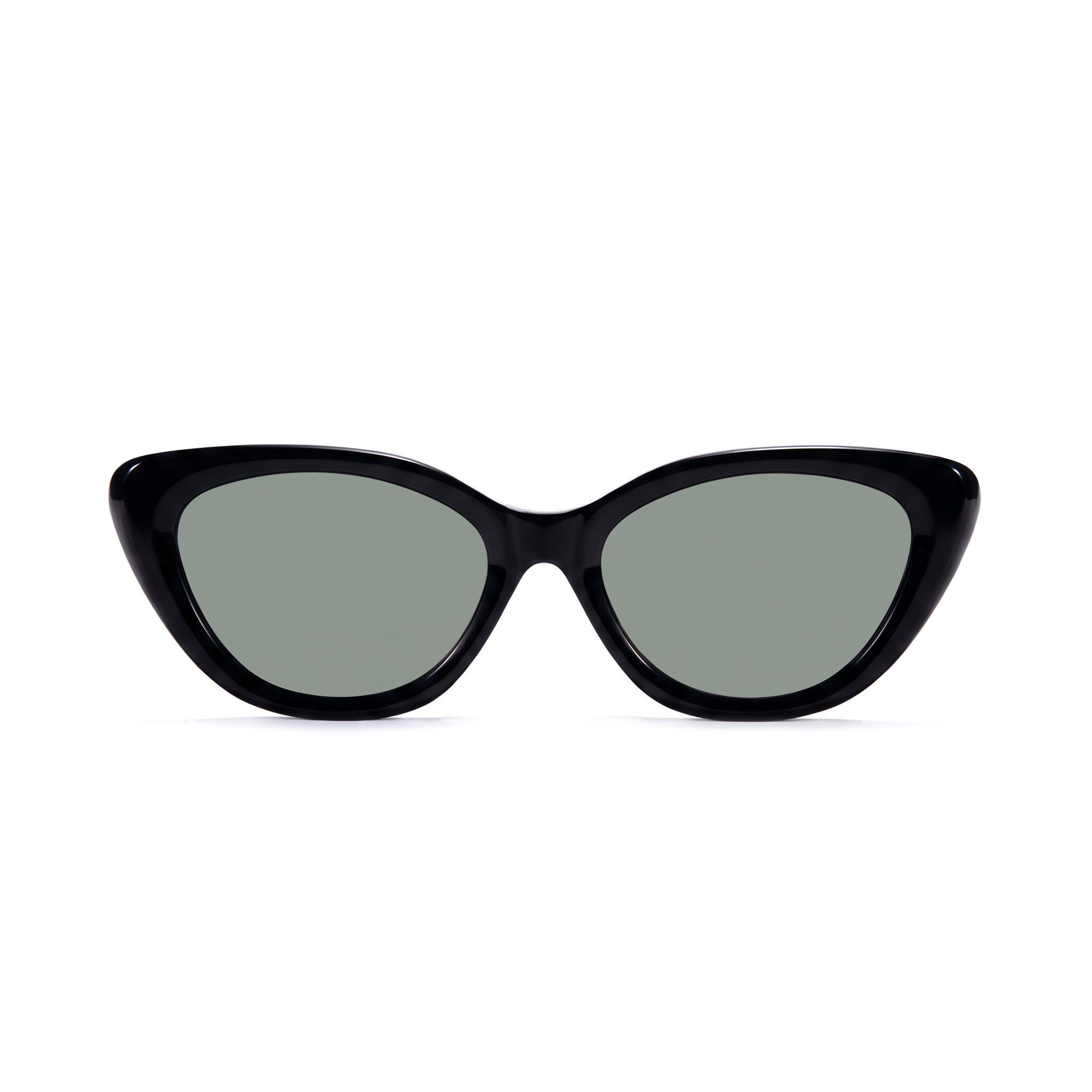 Black cat-eye sunglasses with light gray lenses, shown from a front-facing perspective on a solid white background.