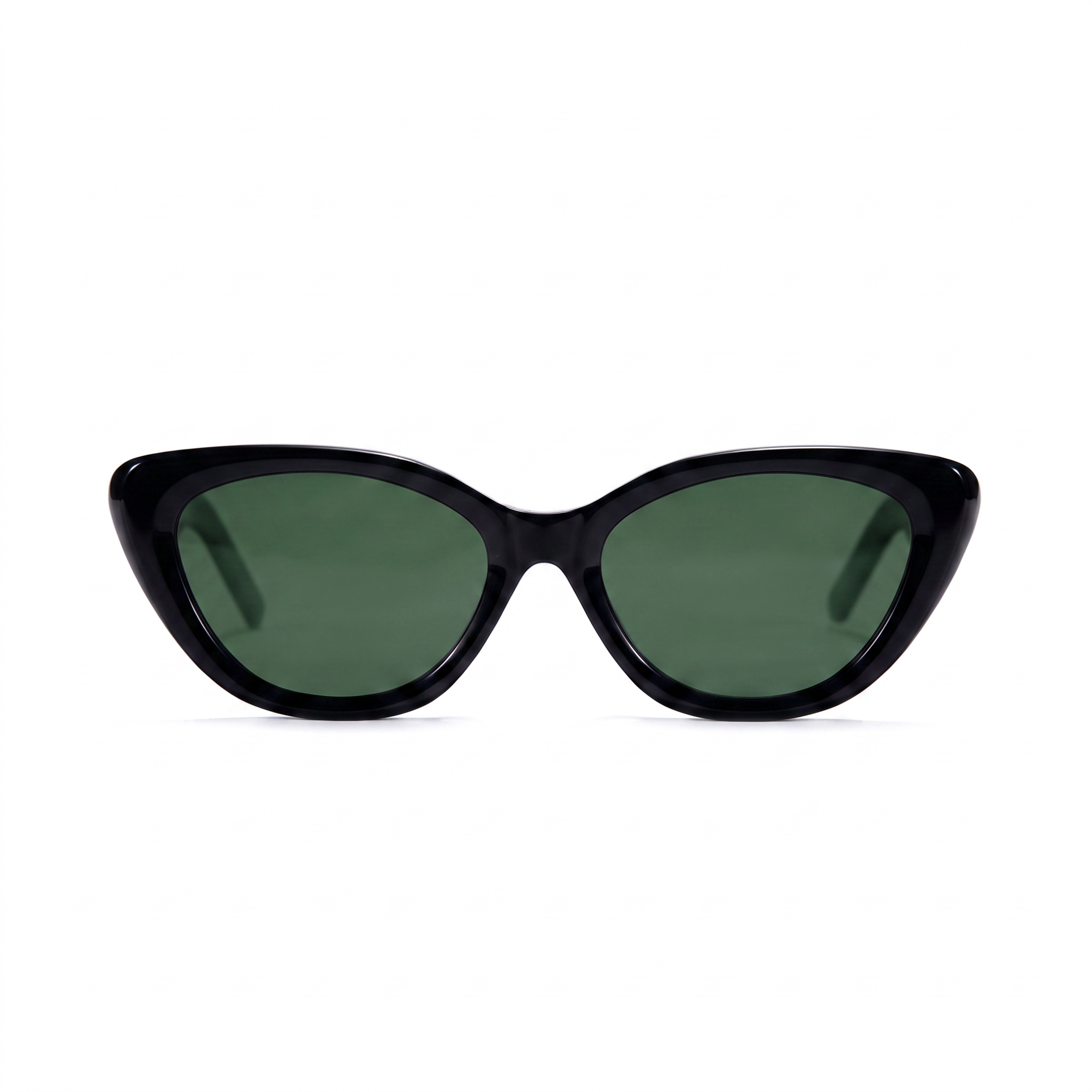 Black cat-eye sunglasses with dark green lenses, shown from the front on a solid white background.