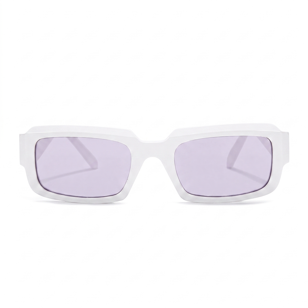 White square sunglasses with light purple tinted lenses, shown from the front on a solid white background.