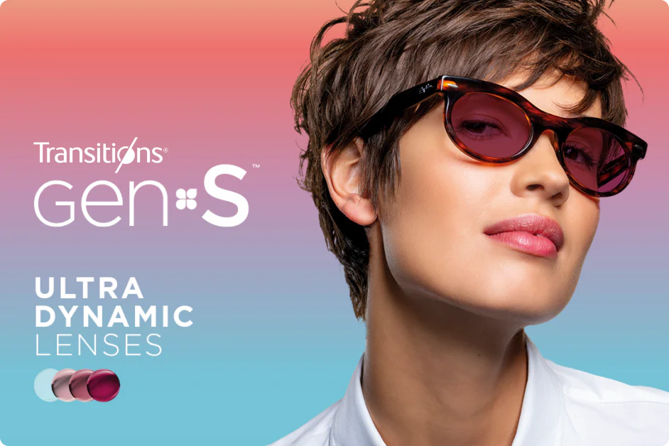 Person wearing sunglasses with Transitions Gen S lens advertisement on a gradient background