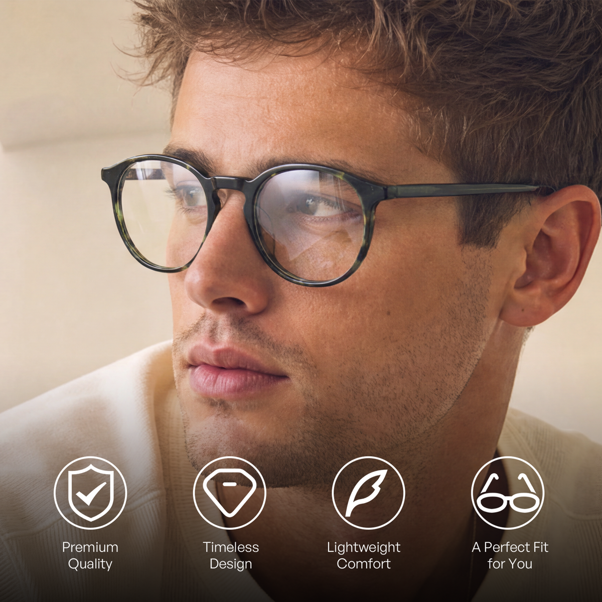 Premium acetate panto round ease, worn with effortless everyday quiet...