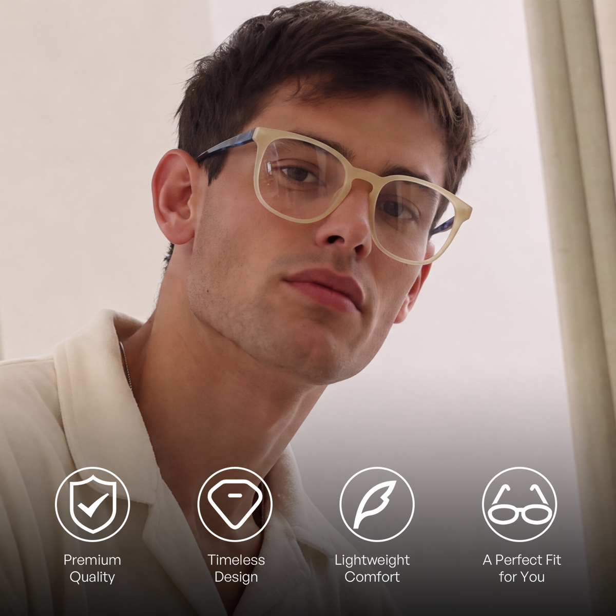 Premium acetate soft square ease, worn with effortless everyday quiet...