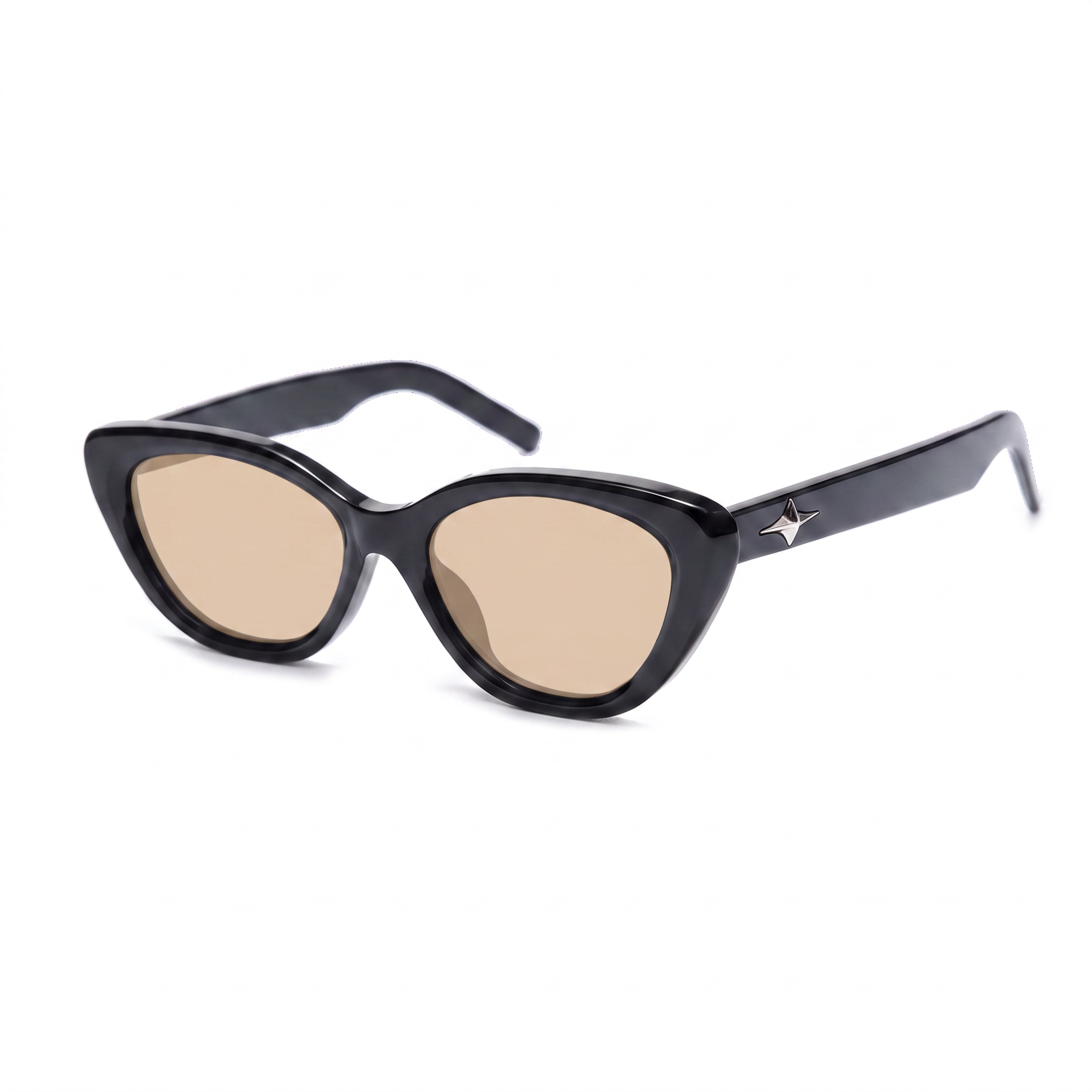 Black cat-eye sunglasses with light brown tinted lenses and a small silver star logo on the temple arm, shown on a plain white background.