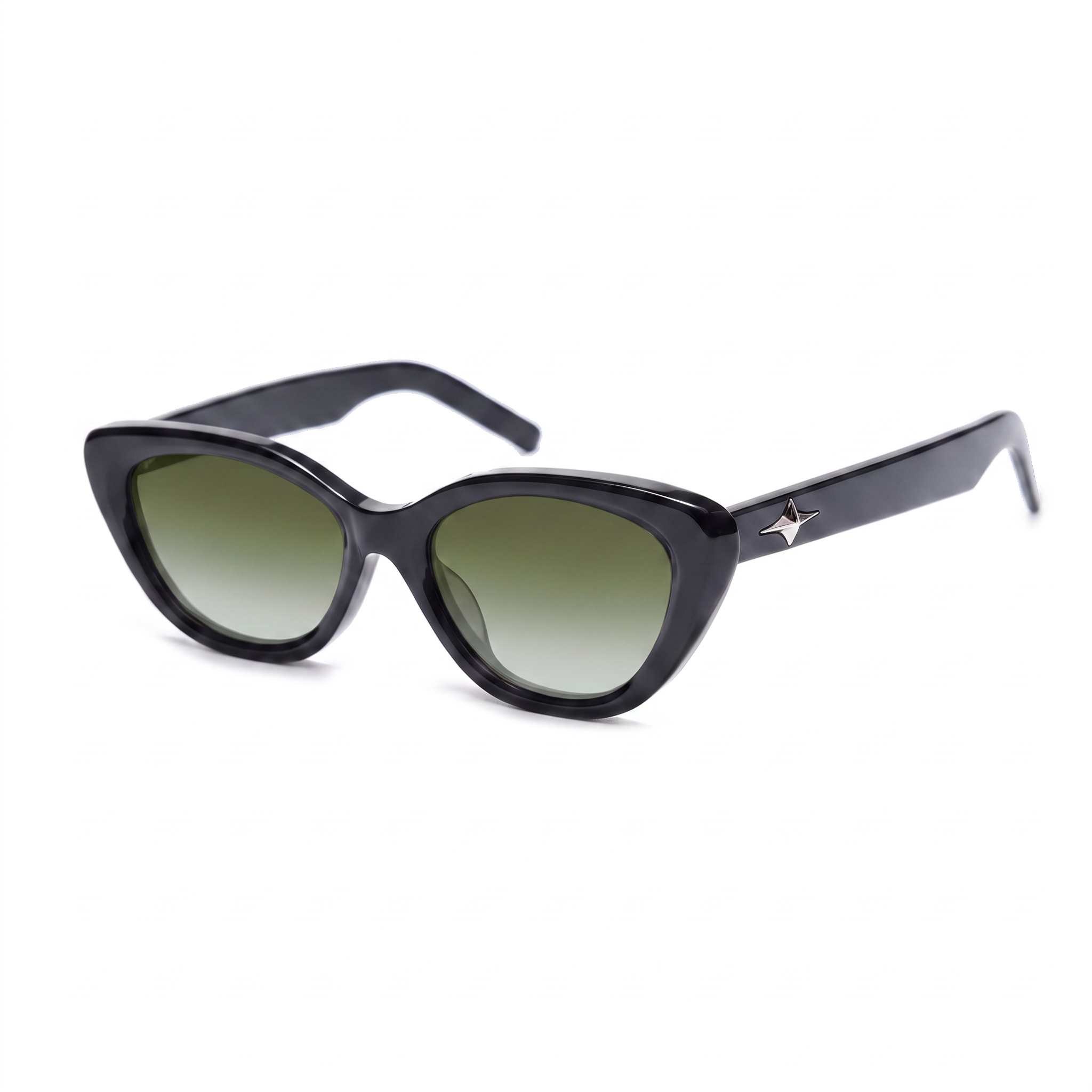 Black cat-eye sunglasses with gradient green-tinted lenses and a small silver star logo on the temple arm, shown on a plain white background.
