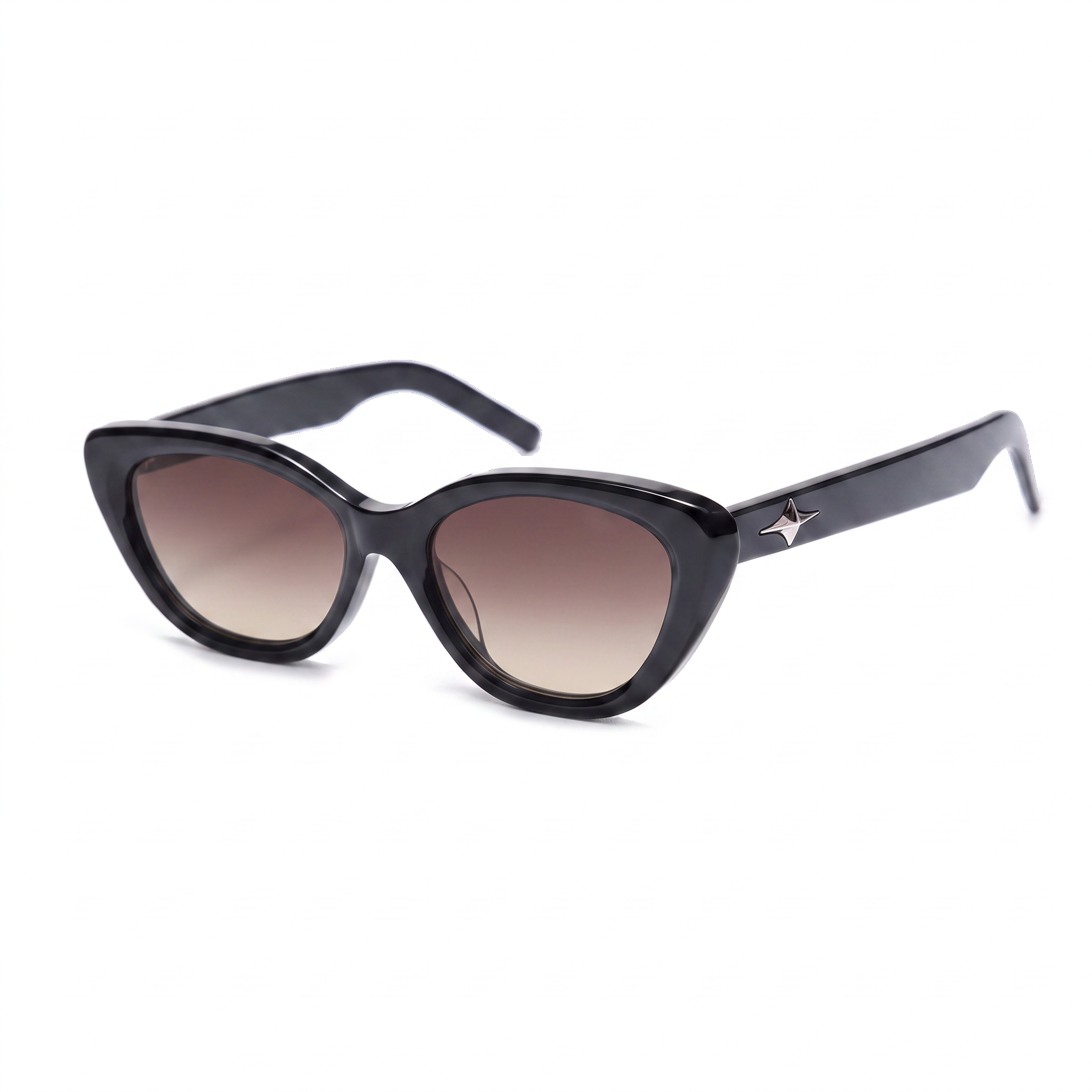 Black cat-eye sunglasses with brown gradient lenses and a small silver star logo on the temple arm, shown on a plain white background.