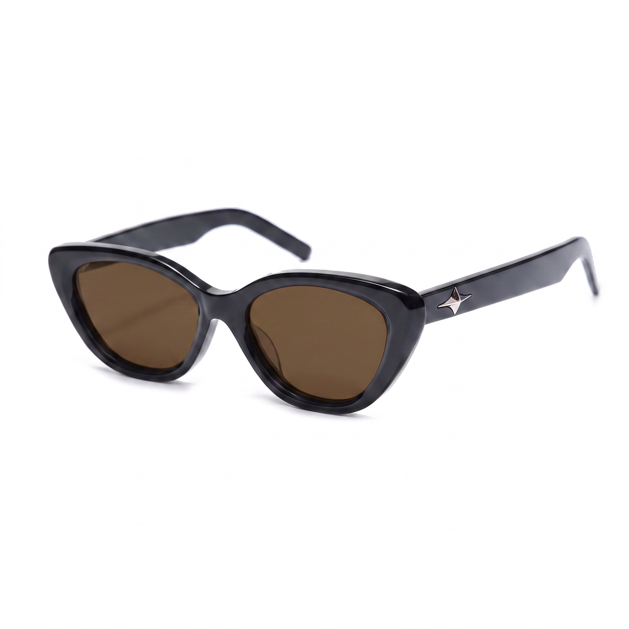 Black cat-eye sunglasses with brown tinted lenses and a small silver star detail on the temple arm, shown on a plain white background.