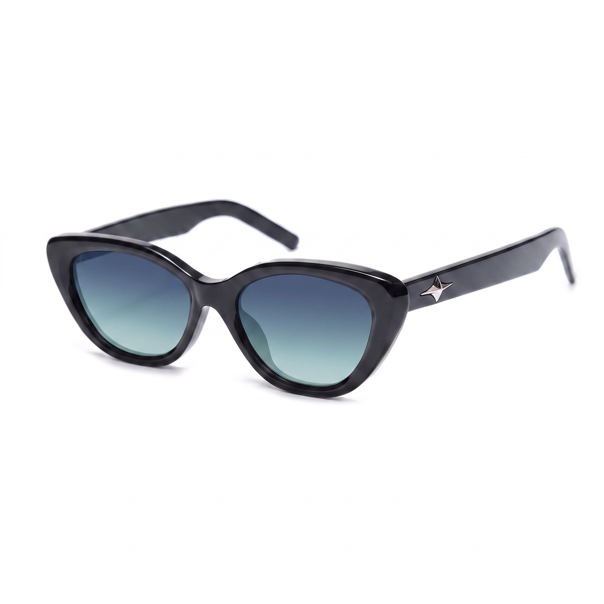 Black cat-eye sunglasses with gradient blue-green lenses and a small silver star logo on the temple arm, shown on a plain white background.