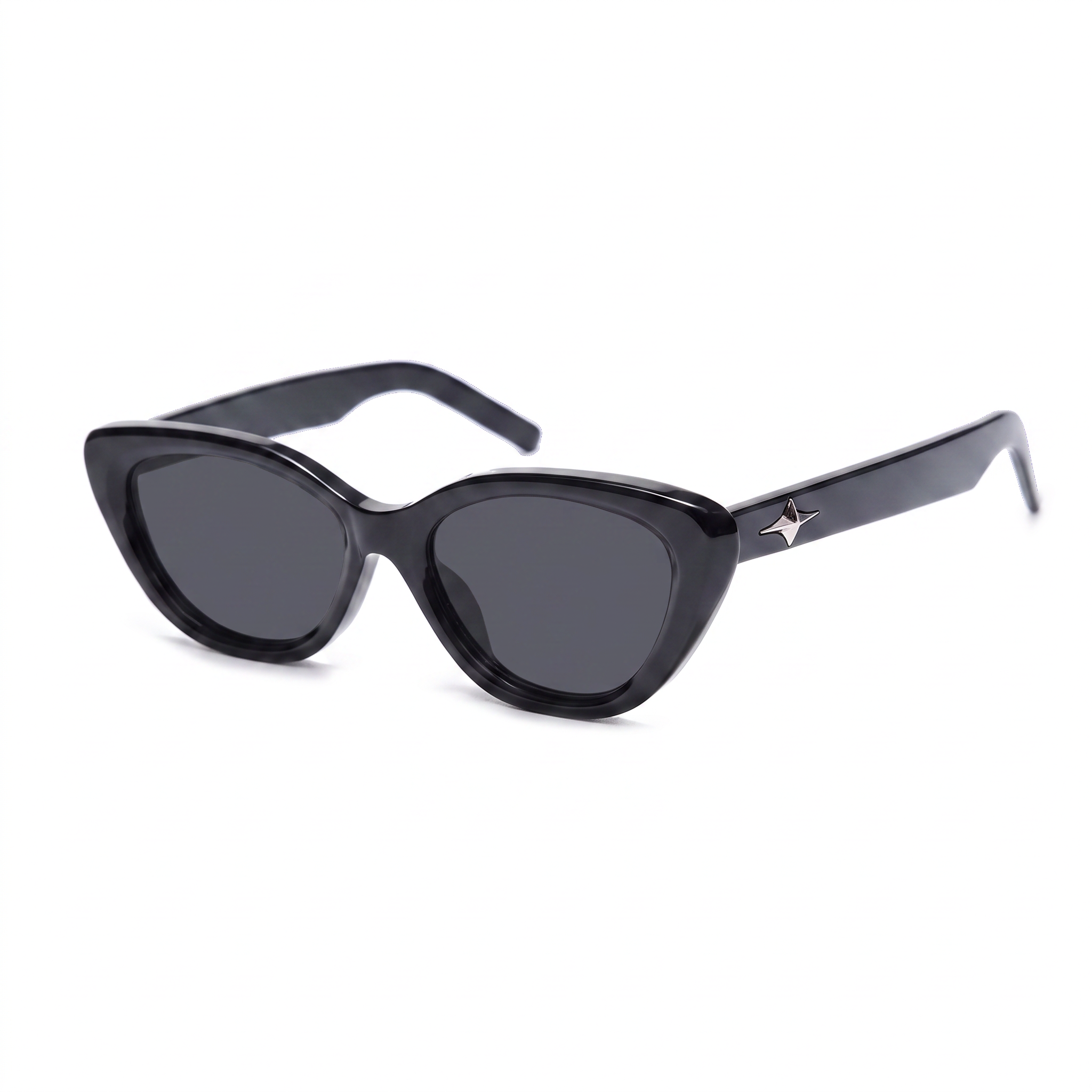 Black sunglasses with green lenses on a white background