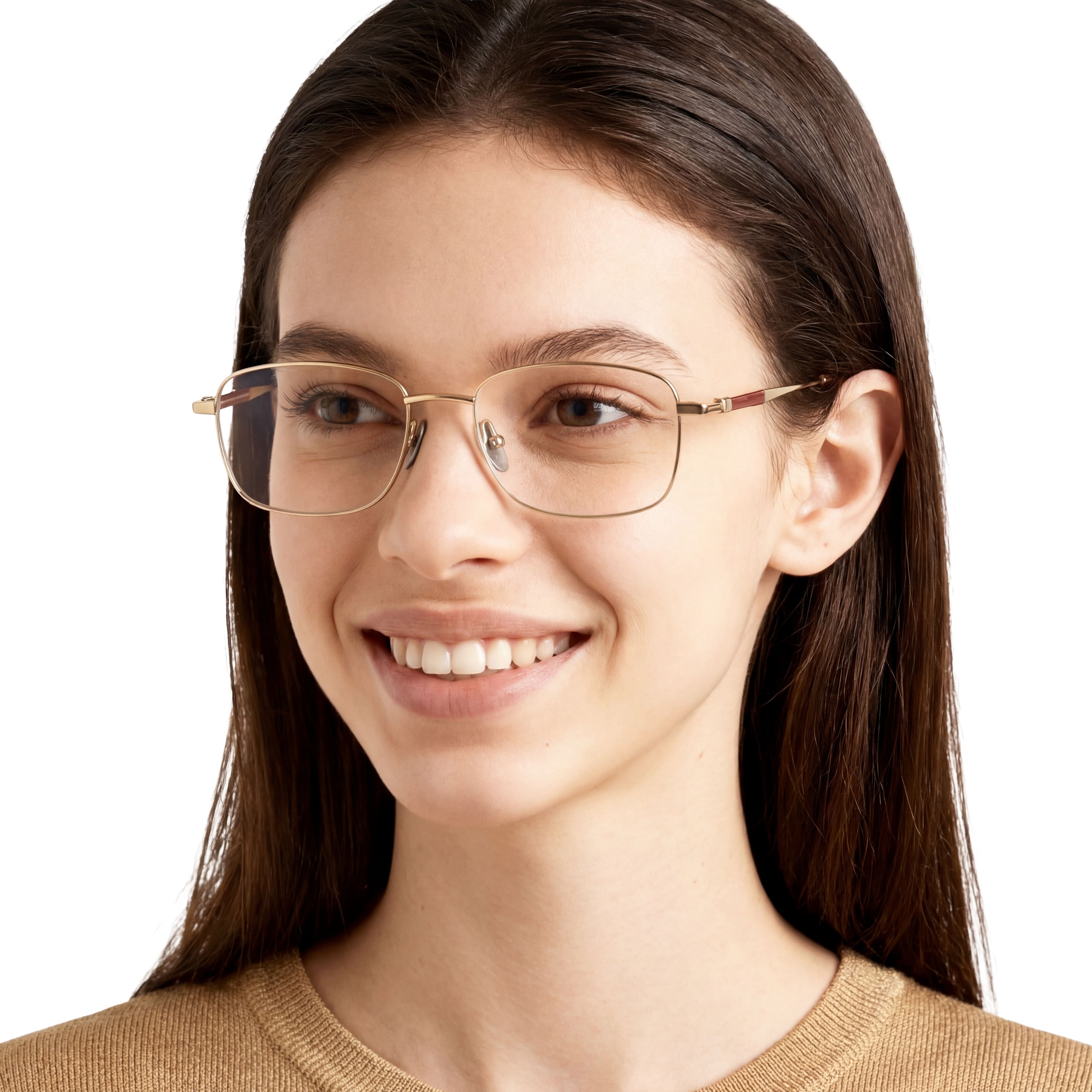 Woman wearing glasses with a plain background