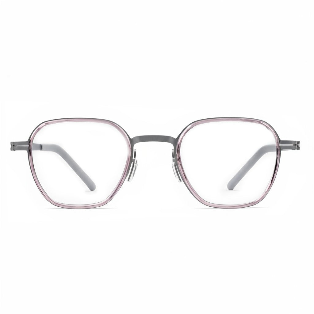Pair of eyeglasses with a pinkish-purple frame on a white background