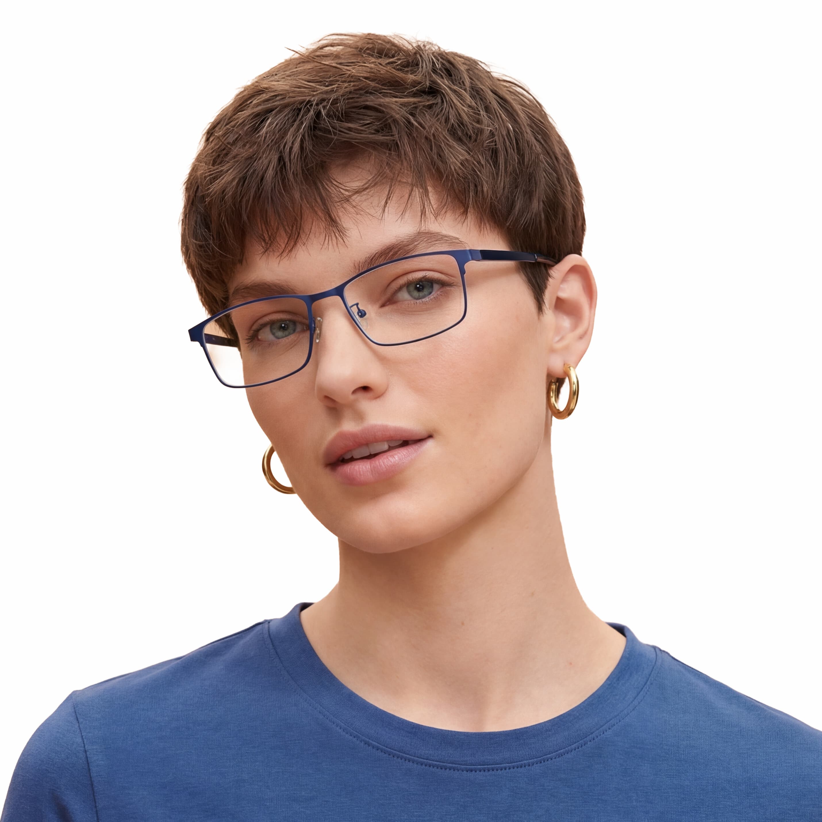 Person wearing blue glasses and a blue shirt on a white background