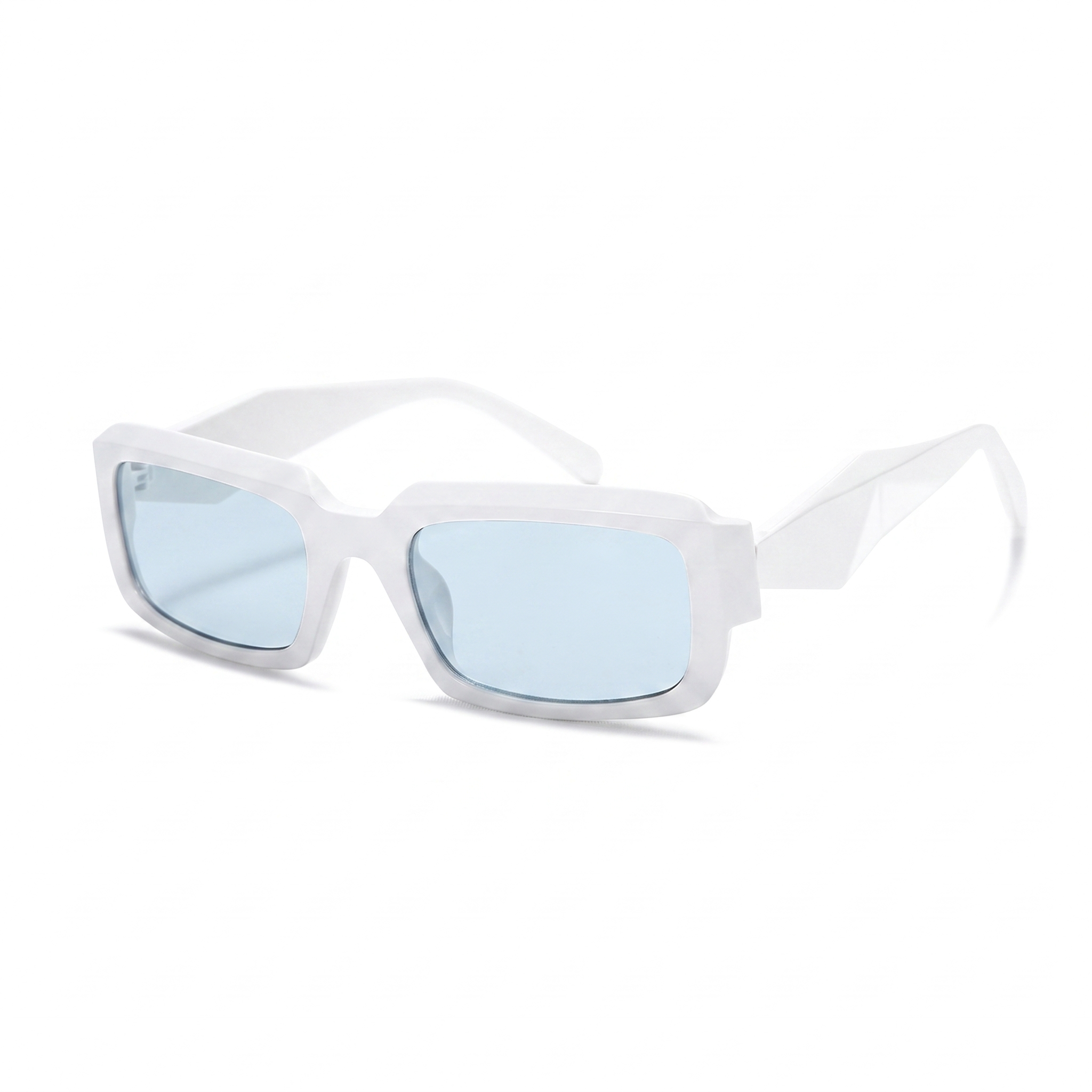 White rectangular 3D glasses with light blue lenses, shown at an angle on a clean white background.