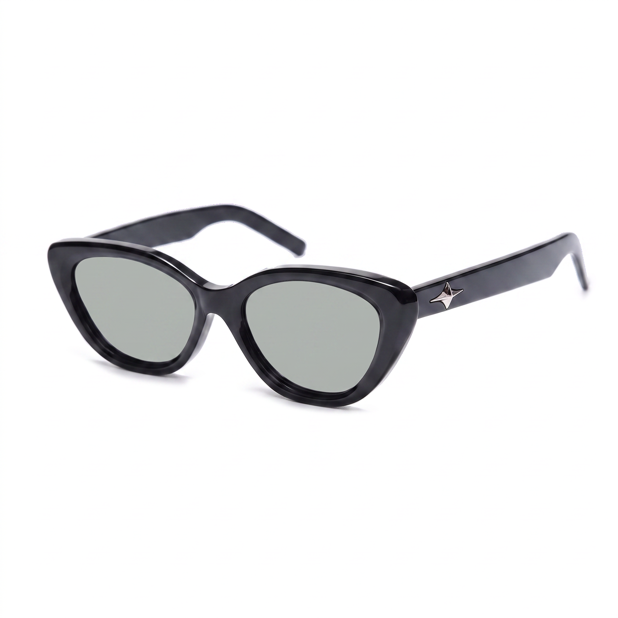 Black sunglasses with a brand logo on a white background