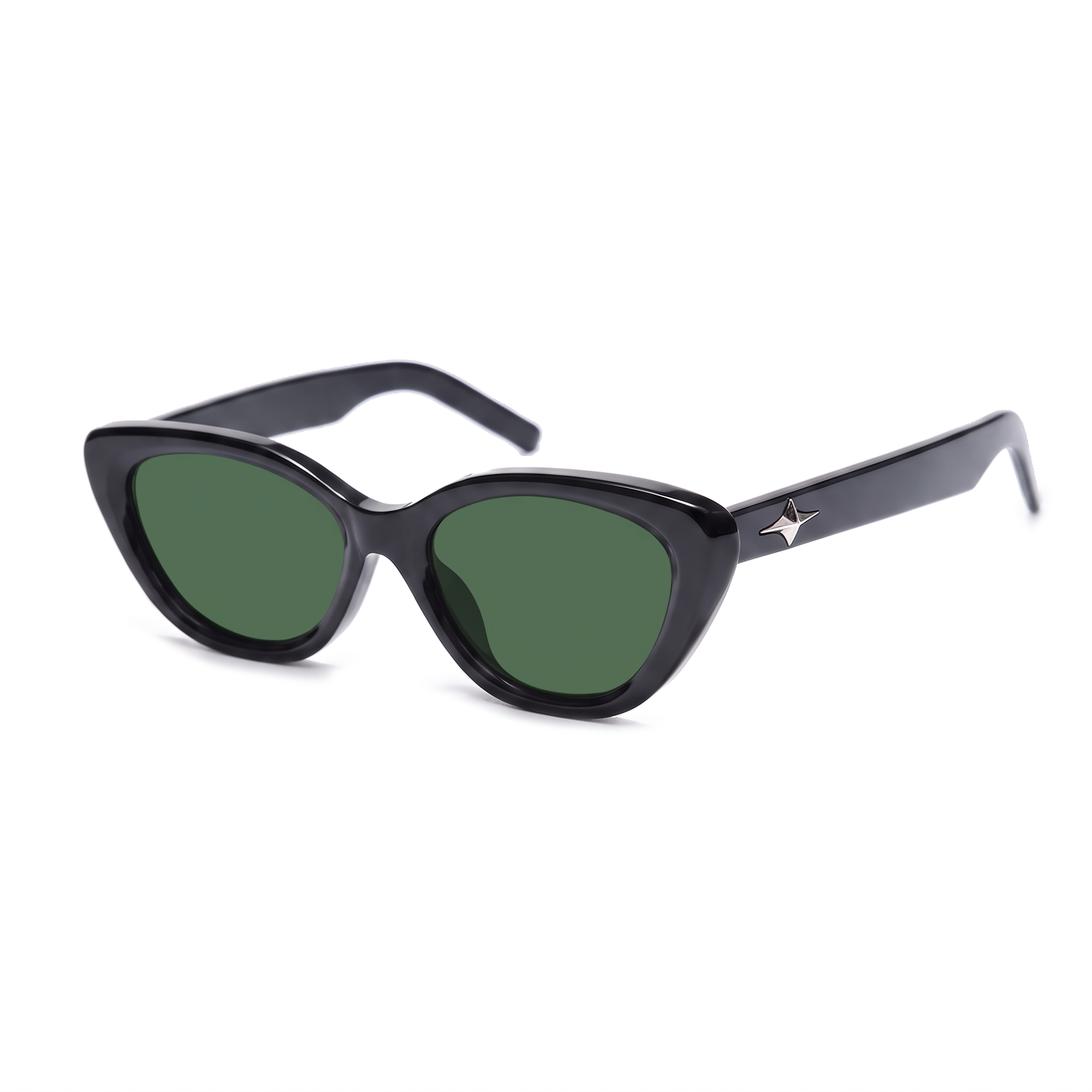 Black sunglasses with green lenses on a white background