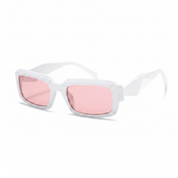 White square sunglasses with translucent pink lenses, shown at a three-quarter angle on a clean white background.