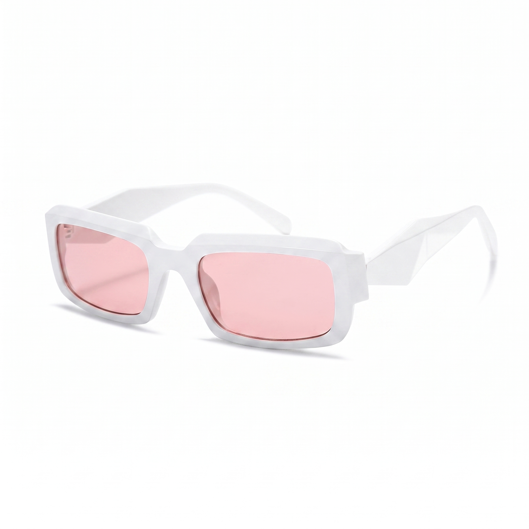 White square sunglasses with translucent pink lenses, shown at a three-quarter angle on a clean white background.