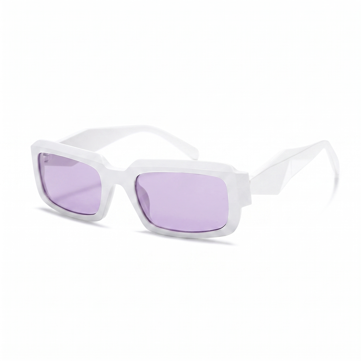 White square sunglasses with translucent purple-tinted lenses, shown at a three-quarter angle on a clean white background.