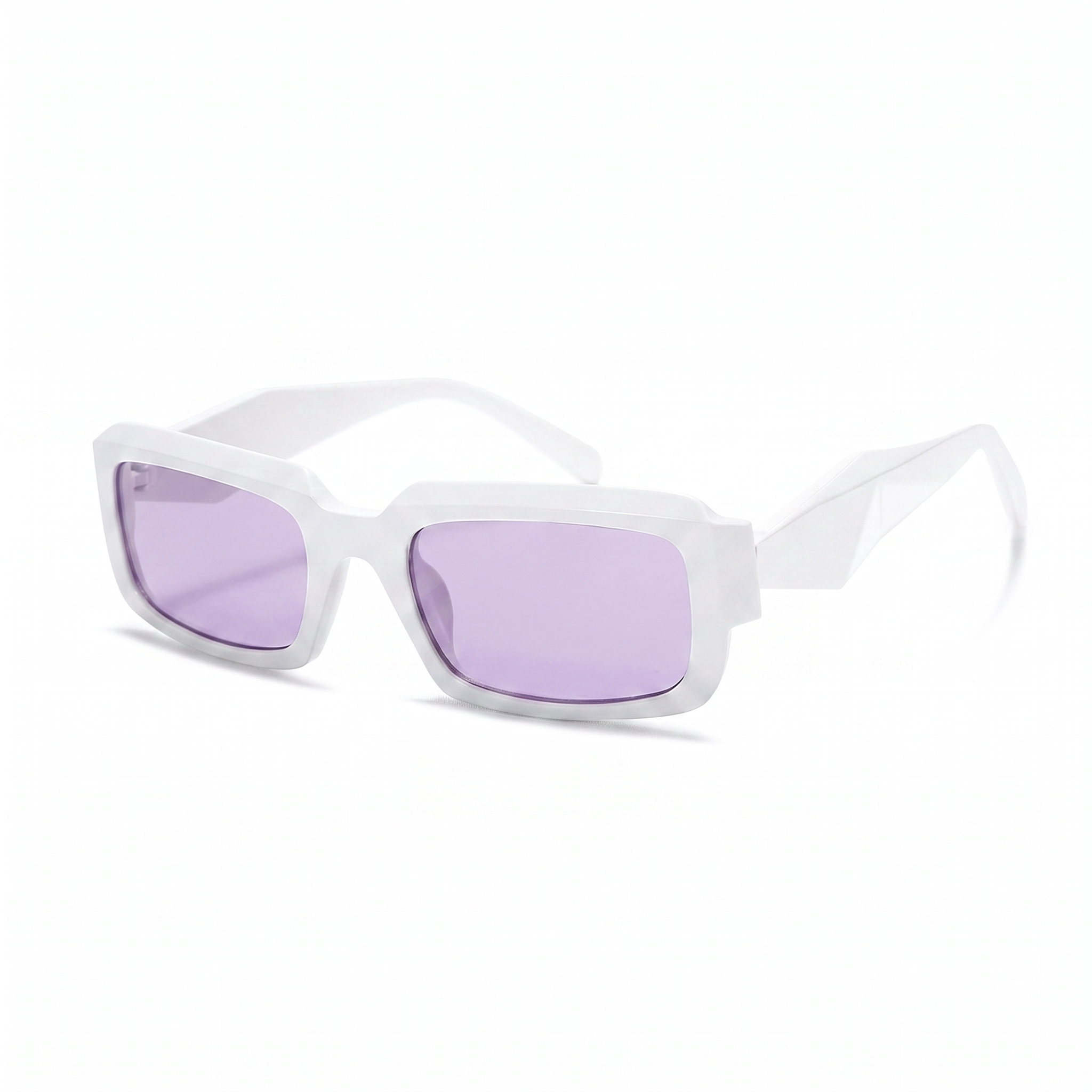 White square sunglasses with translucent purple-tinted lenses, shown at a three-quarter angle on a clean white background.