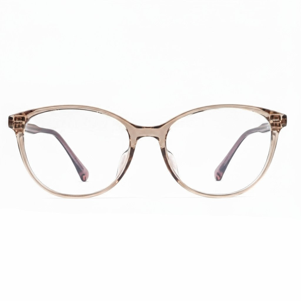Cat-eye glasses with a gold frame on a white background