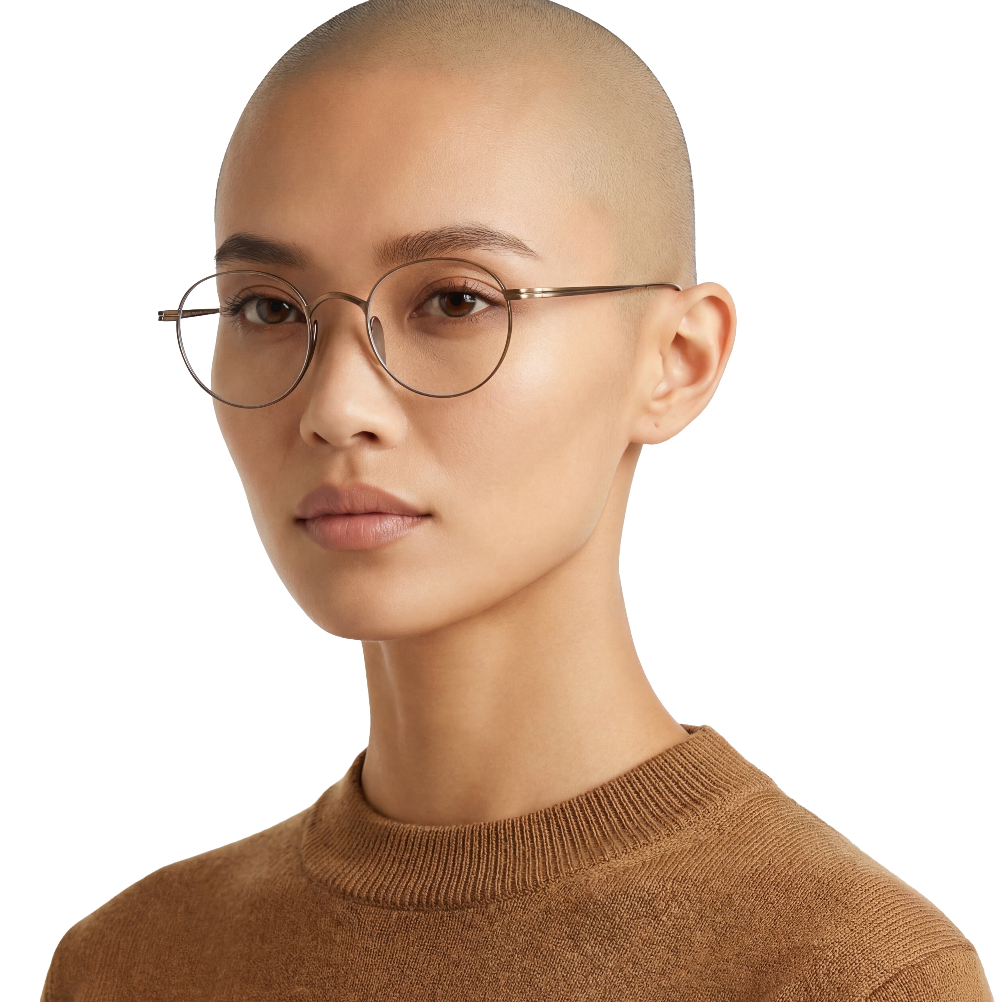 Person wearing round glasses and a brown sweater on a white background