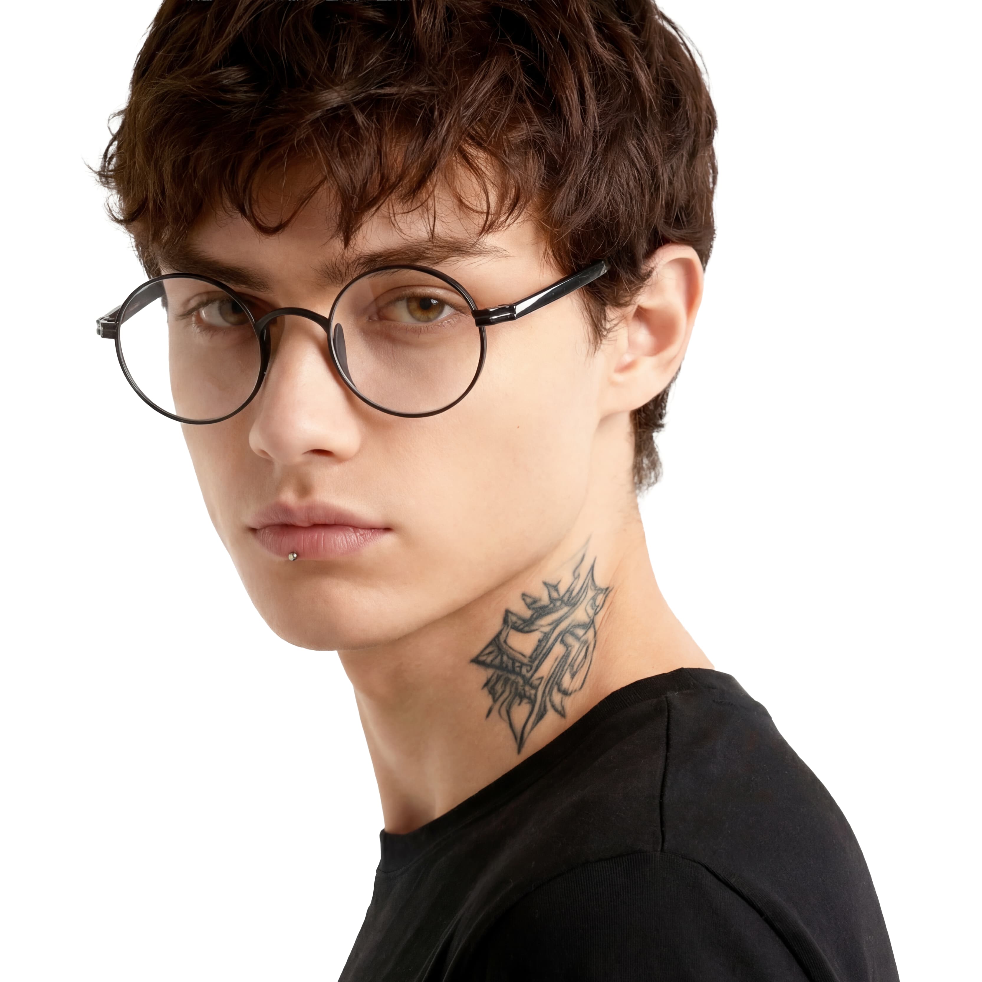 Person wearing round glasses with a neutral background