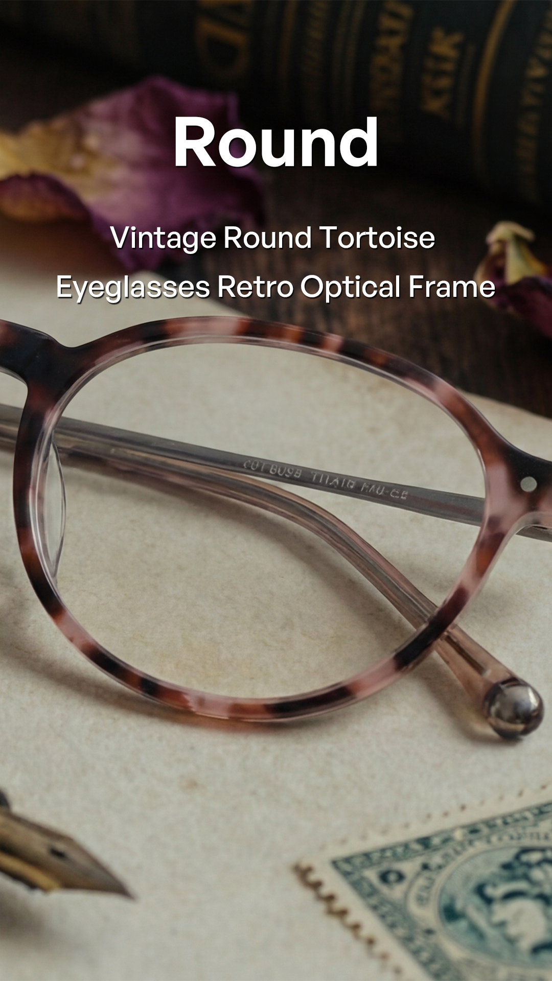 Round vintage eyeglasses with a tortoise pattern frame, resting on a textured paper surface with a pen and old book in the background. White text overlay reads 'Round Vintage Round Tortoise Eyeglasses Retro Optical Frame'.