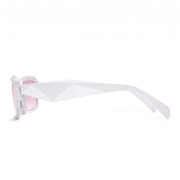 White geometric sunglasses with pink lenses, shown in a side profile view against a solid white background.