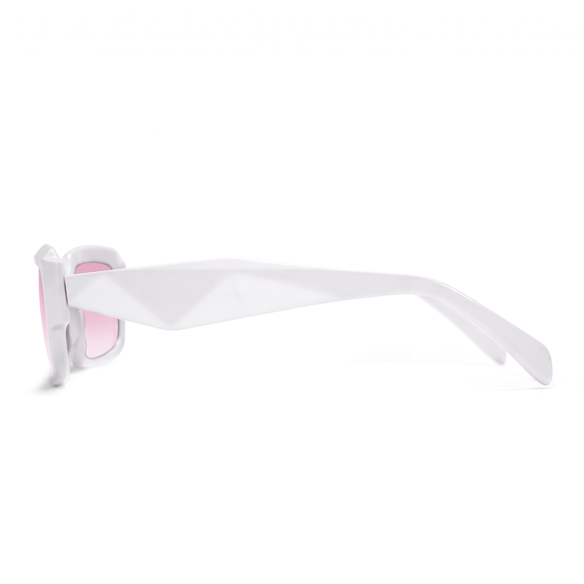 White geometric sunglasses with pink lenses, shown in a side profile view against a solid white background.