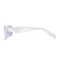 White geometric sunglasses with light purple lenses, shown from a side profile view against a white background.