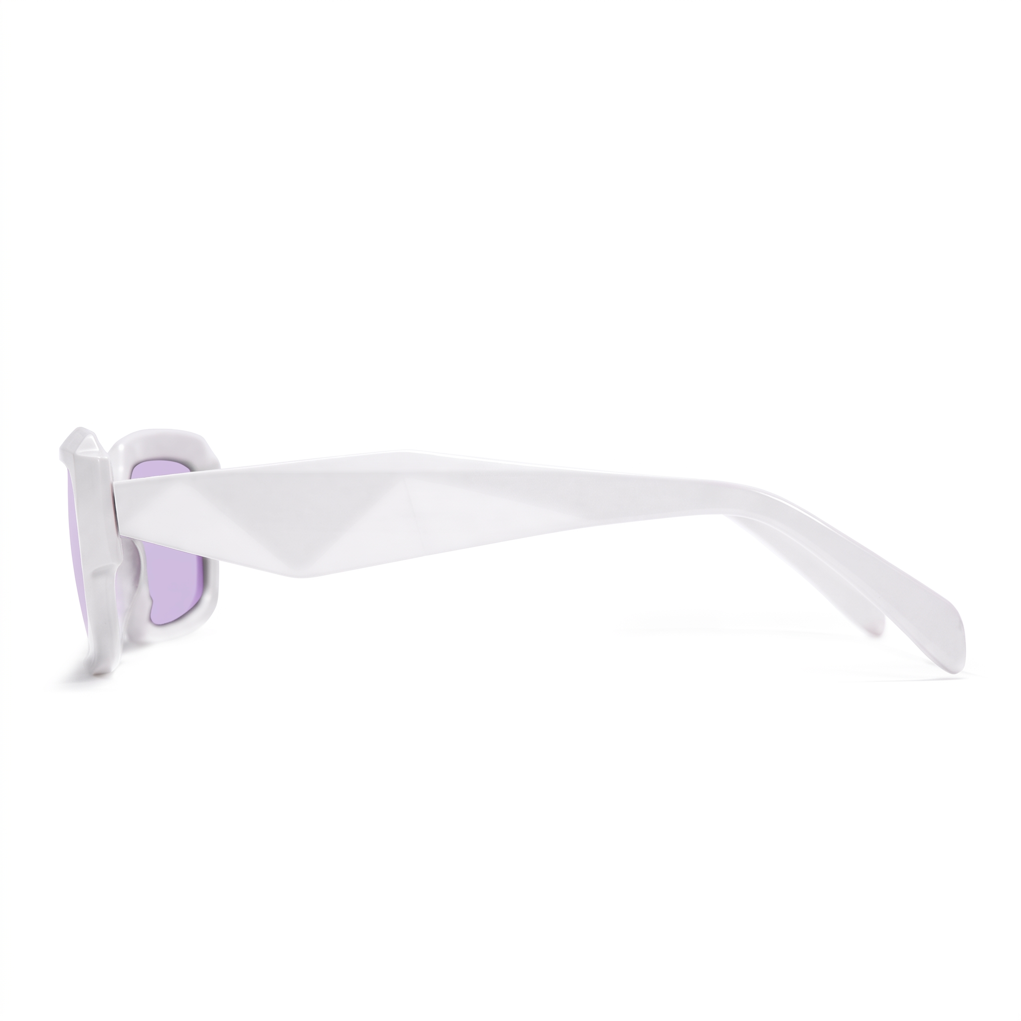 White geometric sunglasses with light purple lenses, shown from a side profile view against a white background.