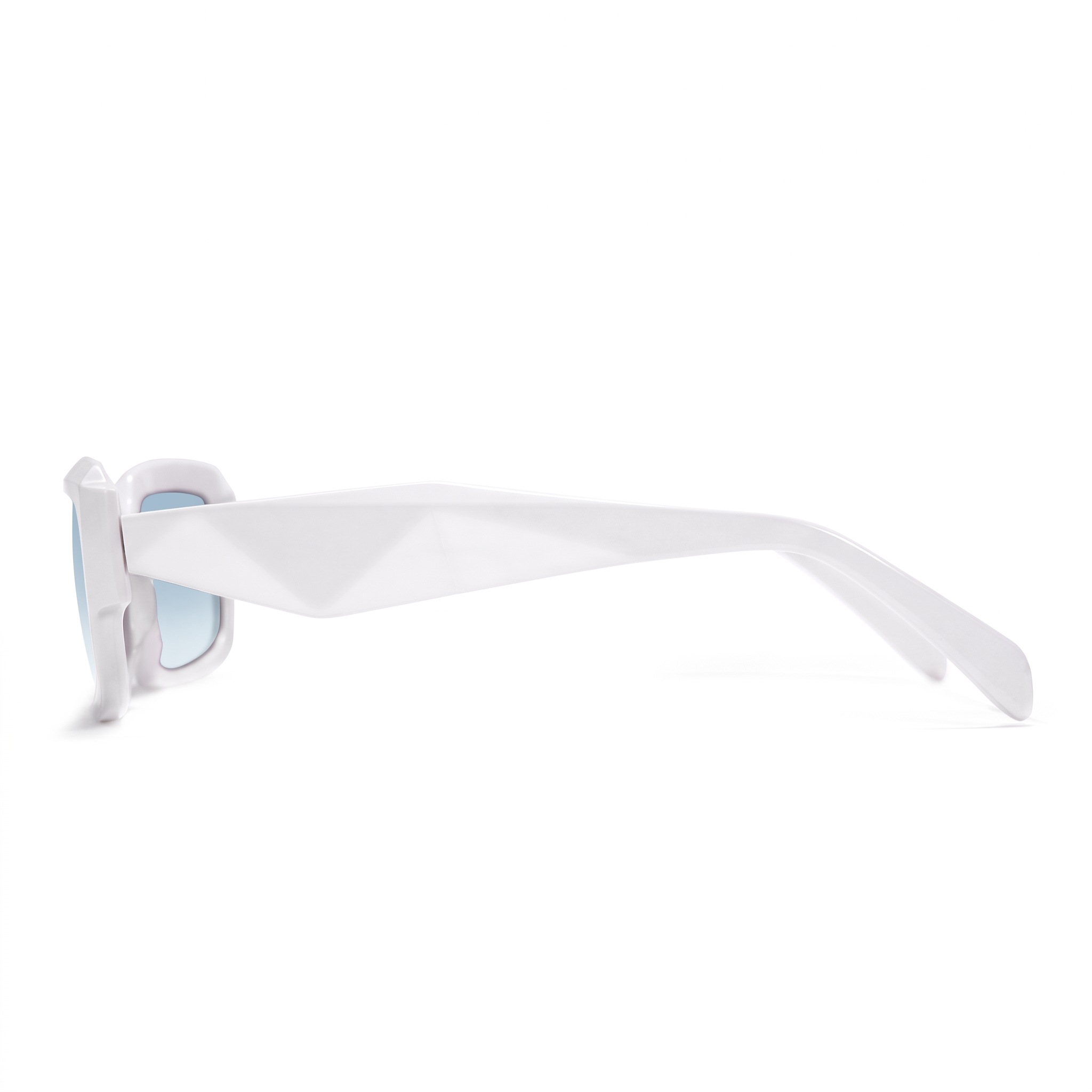 White geometric sunglasses with light blue lenses, shown from a side profile view on a white background.