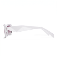 White geometric sunglasses with a thick, angular frame and translucent pink-tinted lenses, shown in profile against a solid white background.