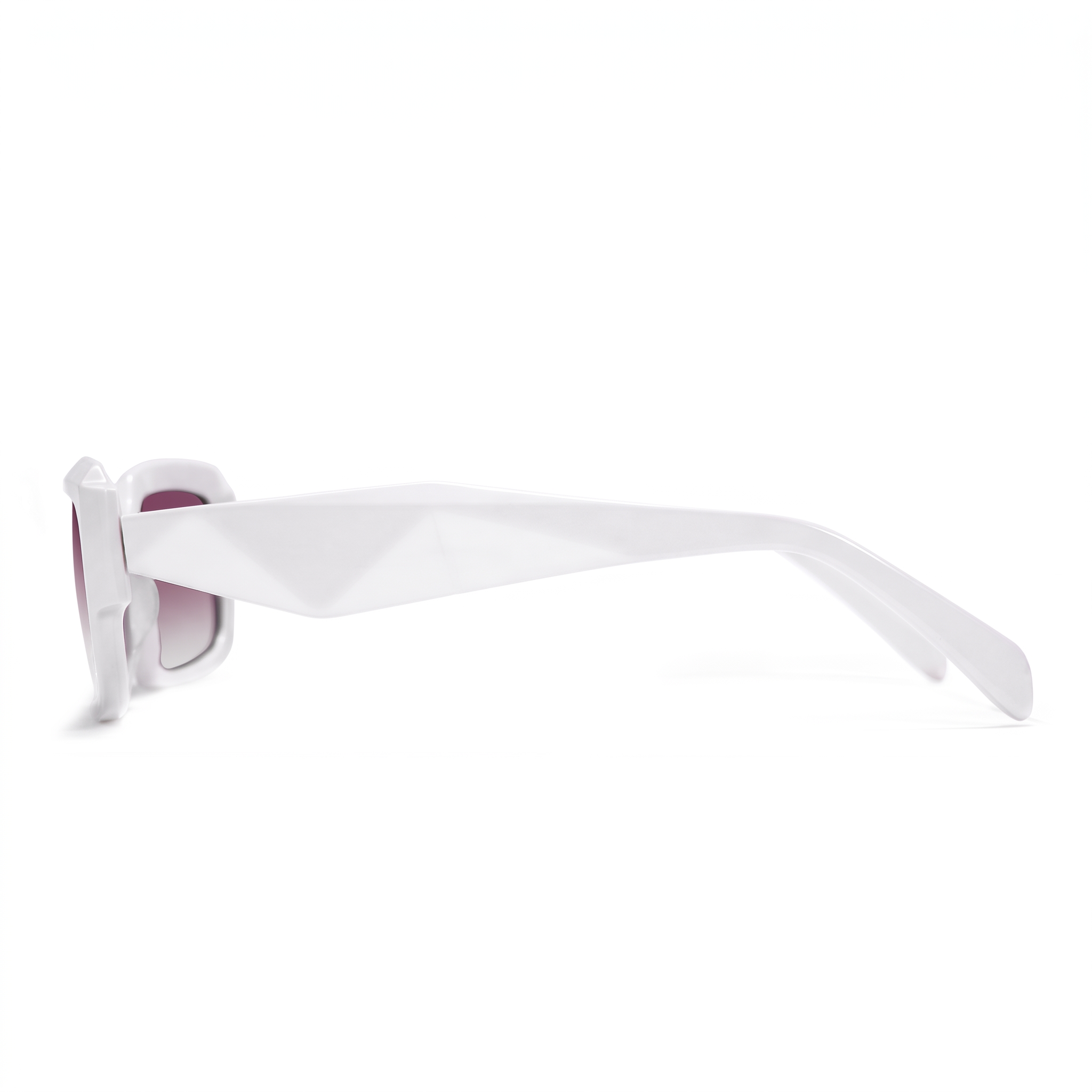 White geometric sunglasses with a thick, angular frame and translucent pink-tinted lenses, shown in profile against a solid white background.