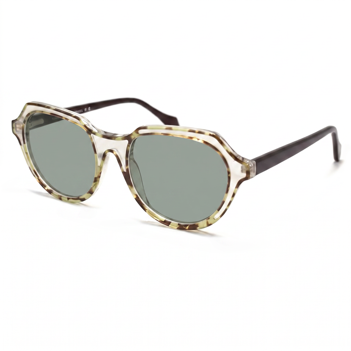 Oversized sunglasses with a translucent tortoiseshell frame, light gray lenses, and dark brown temples, shown on a white background.