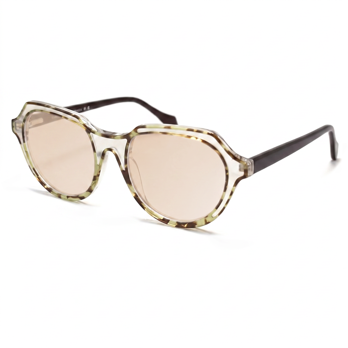 Oversized cat-eye sunglasses with a translucent tortoiseshell frame and light pink tinted lenses, shown on a white background.