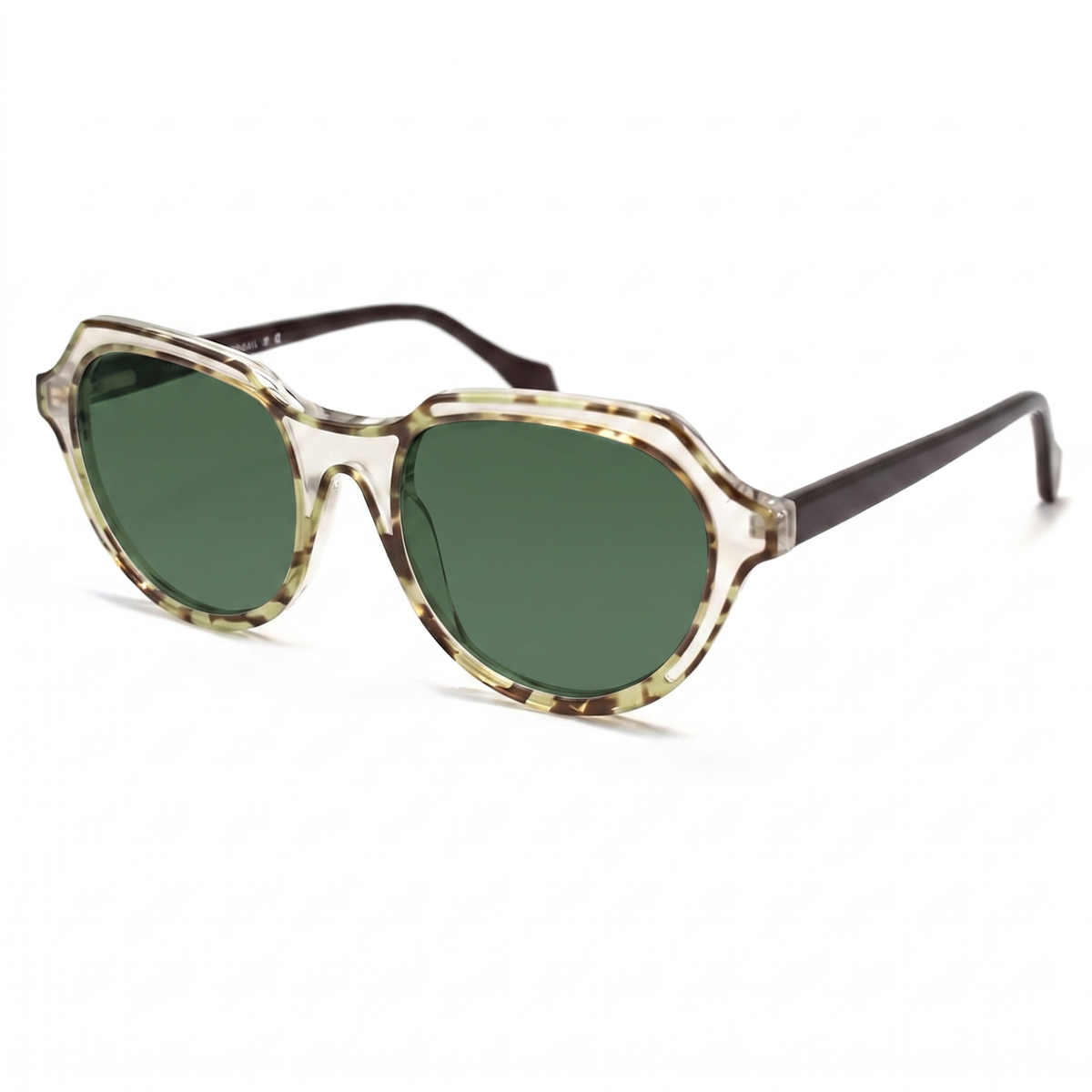 Oversized sunglasses with a translucent tortoiseshell frame in beige and brown tones, paired with dark green lenses and dark brown temples, shown on a white background.