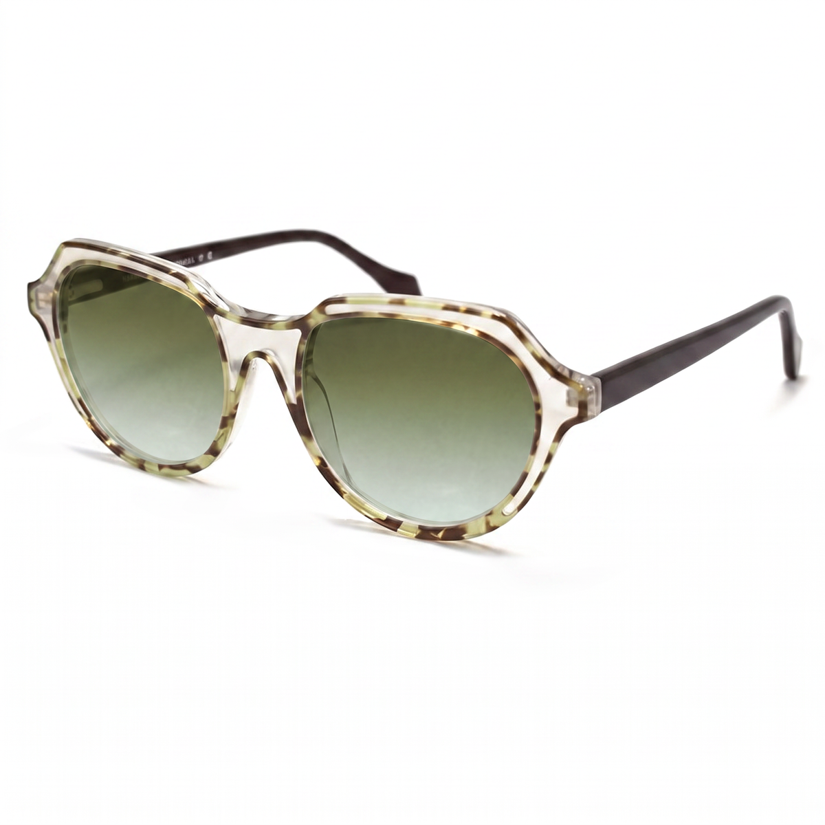 Oversized sunglasses with a translucent tortoiseshell frame, gradient green lenses, and dark brown temples, shown on a white background.