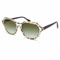 Oversized sunglasses with a translucent tortoiseshell frame, gradient green lenses, and dark brown temples, shown on a white background.