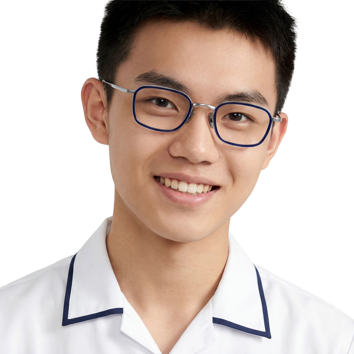 Person wearing glasses and a white shirt with blue trim on a plain background