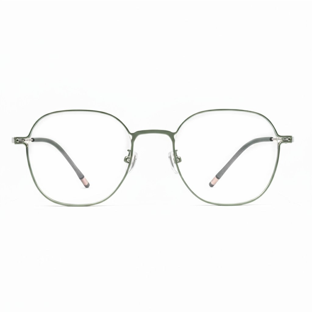 Round eyeglasses with thin metal frame on a white background