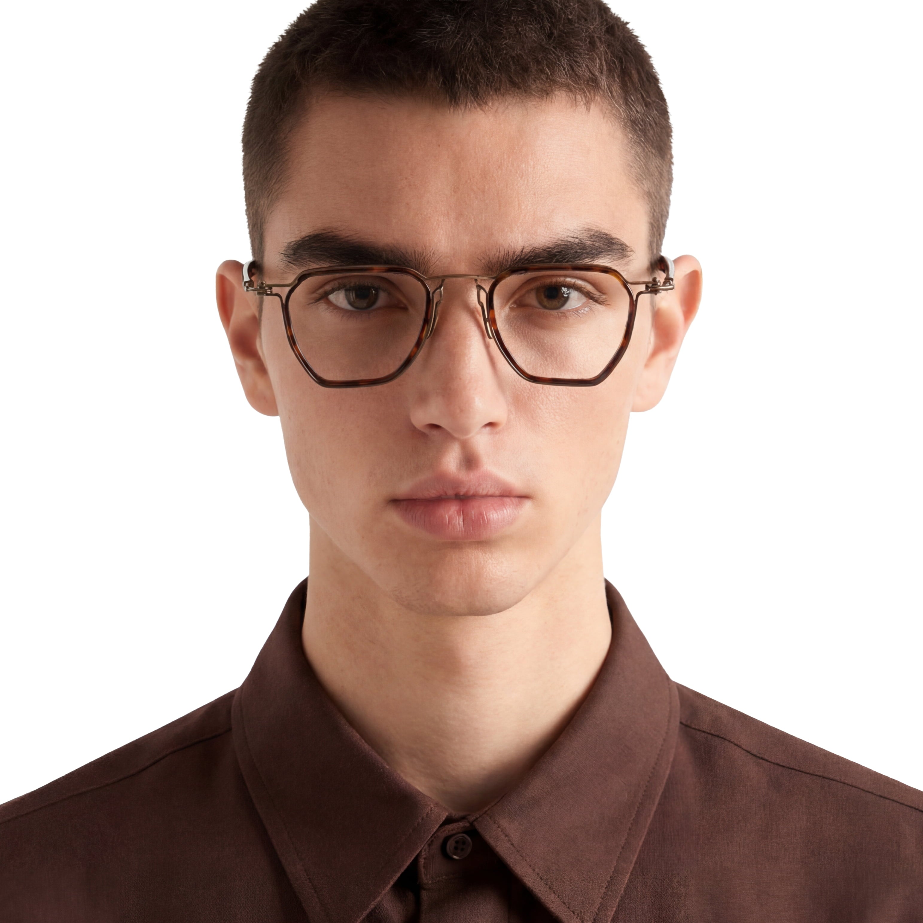 Man wearing glasses and a brown shirt on a white background